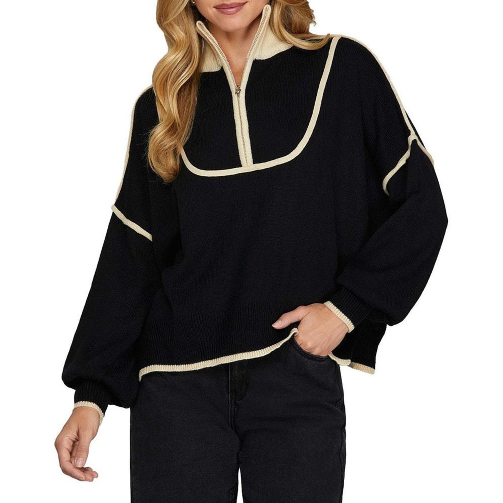 NWT She & Sky Black Long Sleeve half zip pullover with contrasting cream details